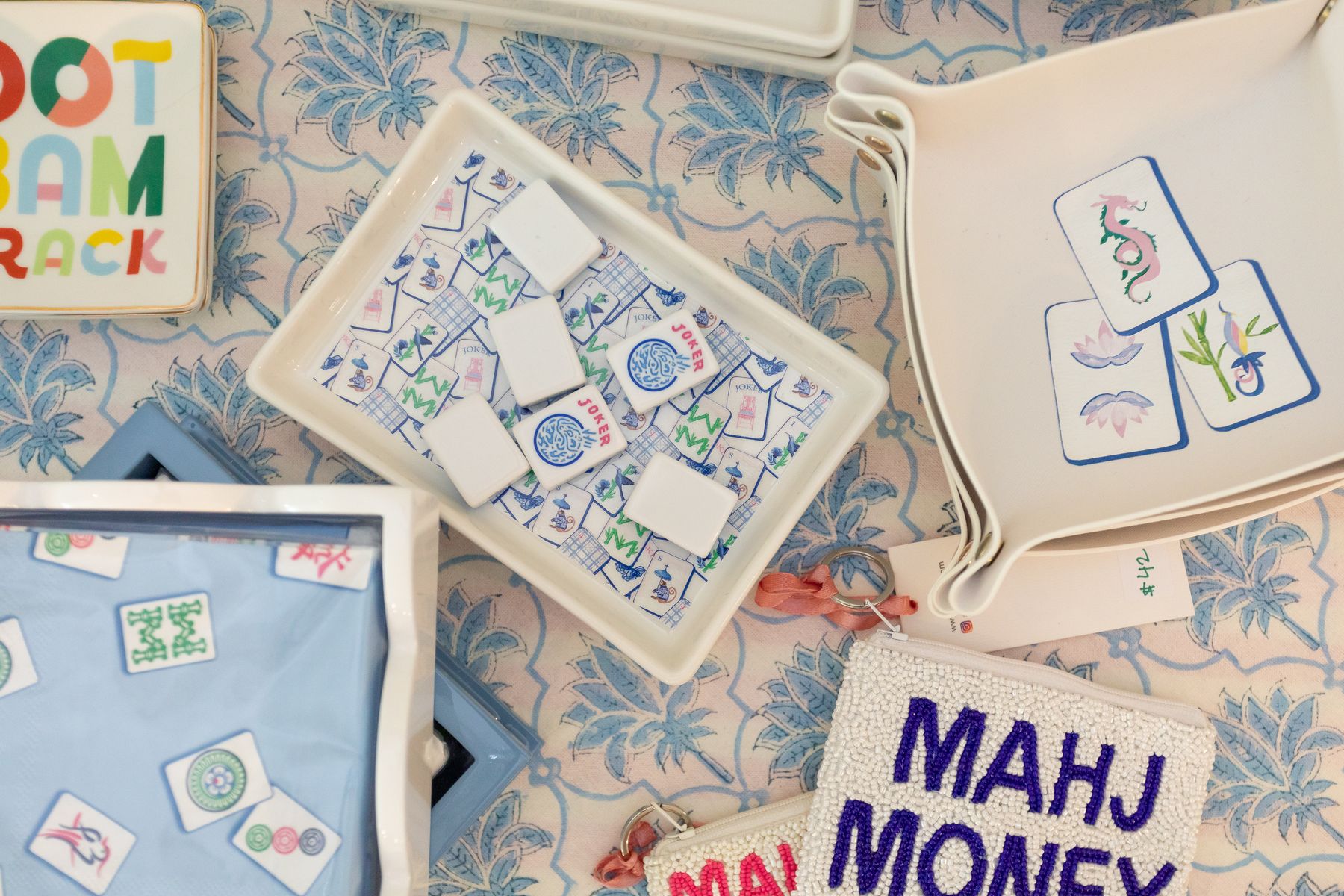 Mahjong-themed decor and tiles at the studio