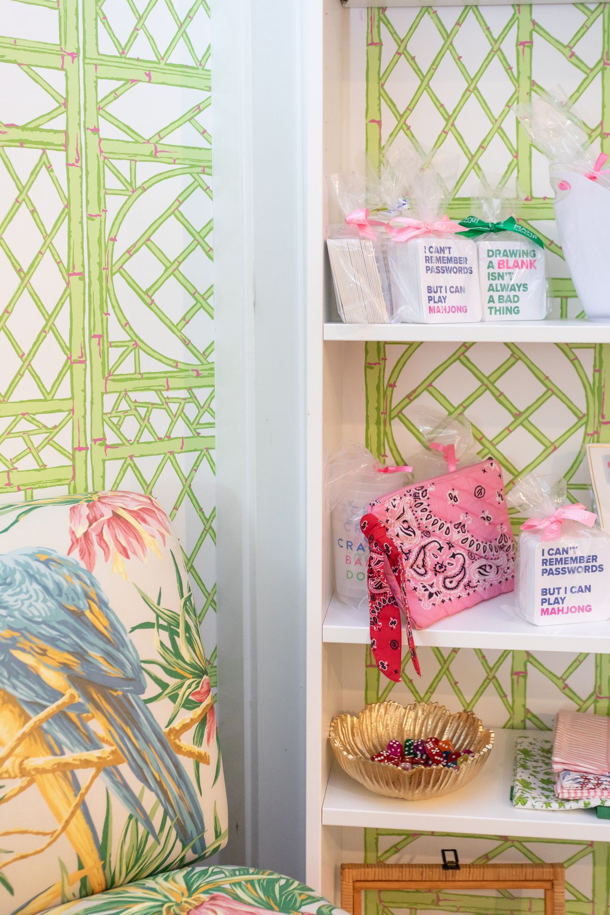 Garden-trellis shelves and pillows in the studio